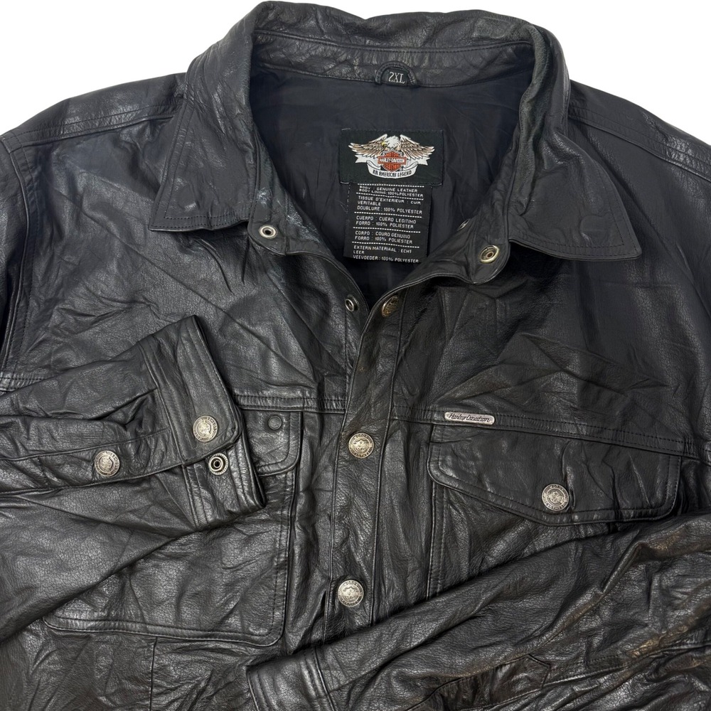 Harley-Davidson Mens 2XL Black Genuine Leather Button Front Shirt Jacket Mexico